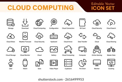 Cloud Computing and Quantum Technology Icon Set – Vector, Outline, Minimal, Line, Illustration – AI, Data Science, Blockchain, Cybersecurity, Neural Network