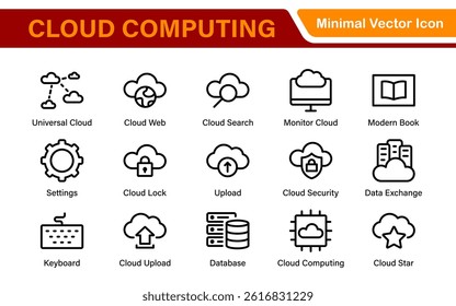 Cloud Computing and Quantum Technology Icon Set – Vector, Outline, Minimal, Line, Illustration – AI, Data Science, Blockchain, Cybersecurity, Neural Network