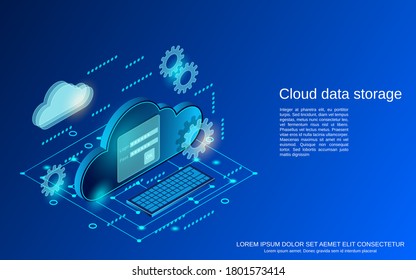 Cloud computing, remote data storage flat isometric concept illustration