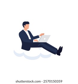 Cloud Computing and Remote Work Concept – Businessmen Working on Laptops Sitting on Clouds