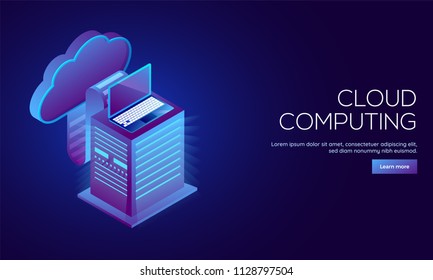 Cloud Computing responsive landing page design with isometric illustration of local and cloud server.