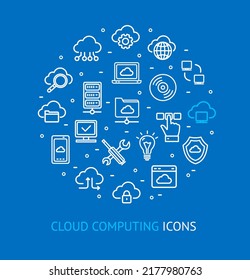 Cloud Computing Round Design Template Thin Line Icon Concept. Vector illustration