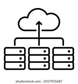 Cloud computing round line vector icon with editable stroke, representing the use of cloud technologies and big data analytics for scalable storage, processing, and management of large data sets