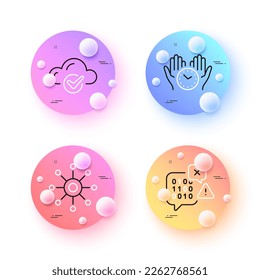 Cloud computing, Safe time and Binary code minimal line icons. 3d spheres or balls buttons. Multichannel icons. For web, application, printing. Approved storage, Hold clock, Programming chat. Vector