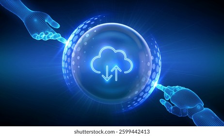 Cloud computing, secure cloud storage, database storage, data center protection. A robot and a human hand touching a protection sphere shield with a hexagon pattern and a cloud icon inside. Vector.