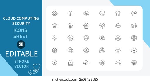 Cloud Computing Security line icons set. Internet, Data, Protection, Privacy, Safe, Secure, Network, Server and more. Outline vector icon in linear style. Editable stroke. Vector illustration.