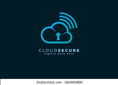 Cloud Computing Security Logo, Blue Cloud with lock icon inside isolated on black Background, flat design logo template, vector illustration