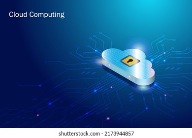 Cloud computing with security network protection on electronics circuits board. Cyber secure with digital key to access business information from cloud service provider.