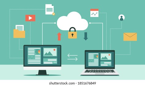 Cloud computing security and protecting data concept with computer and laptop, Online devices upload, download information, data in database on cloud services, flat vector illustration