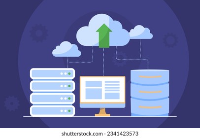 Cloud computing server concept. Computer monitor near cloud storage and archive. Uploading and downloading, exchange of files and documents, information. Cartoon flat vector illustration