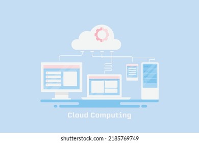 Cloud Computing, Cloud Server Connected To Multiple Digital Devices, Cloud Data Storage - Flat Design Vector Illustration With Icons And Texts