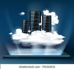 Cloud computing. Server for data storage. Technology background with a tablet or smartphone. Stock vector illustration.