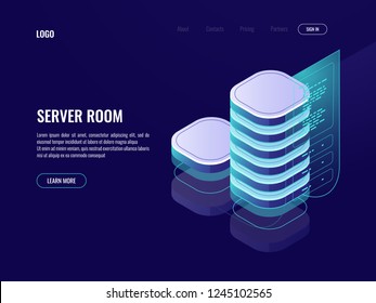 Cloud computing, server room rack, cloud data storage, big data processing, information table, info output dark neon vector