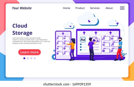 Cloud computing service concept, people work on giant devices, cloud storage, data center. Modern flat web page design for website and mobile website development. Vector illustration