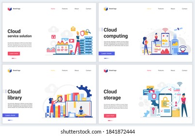 Cloud computing service, data online library vector illustrations. Cartoon flat concept design, interface mobile website for database backup storage, online media file upload or download functions
