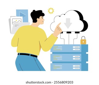 Cloud Computing Service. Datacenter storage. Downloading and uploading files. Man administrator is working on connecting a server on the cloud. Vector illustration on isolated white background.