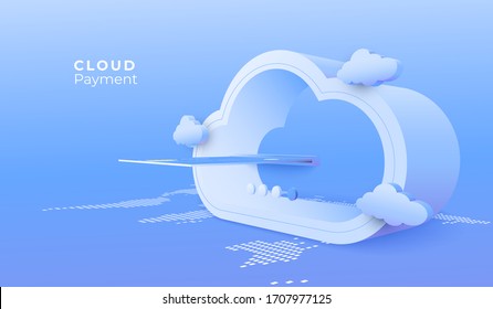 Cloud Computing Service. Digital Connection Technology Background. Payment Online Service Concept.3d Perspective Illustration