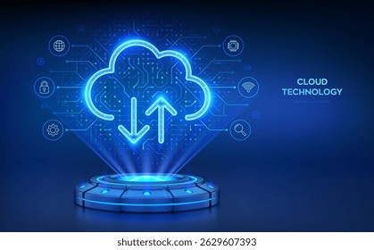 Serviço de computação em nuvem. Plataforma holográfica com raios brilhantes formando uma projeção de um armazenamento em nuvem. Armazenamento de banco de dados, data center. Carregar aplicativo de download. Padrão da placa de circuito. Ilustração vetorial.