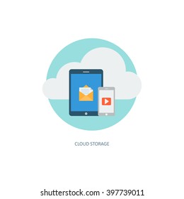 Cloud computing service icon. Creative concept of data storage network technology. Multimedia content and web hosting. Memory and info transfer. Flat design style, modern colours. Vector illustration