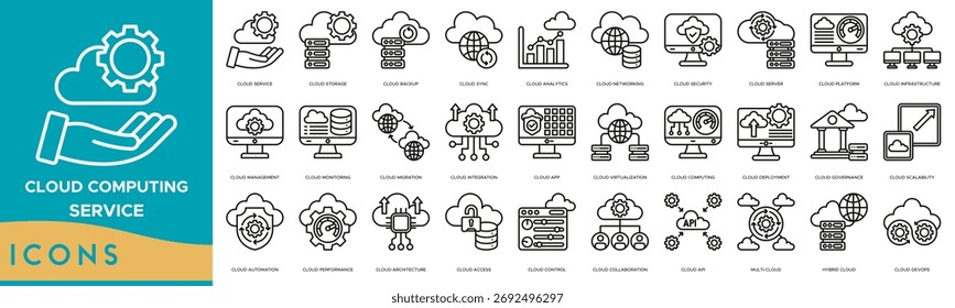 Cloud Computing Service Icon set. Cloud Service,Storage,Backup,Sync,Analytics, Networking, Security and Cloud Server