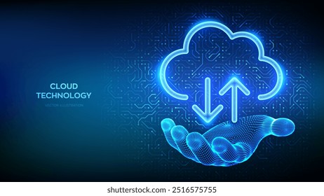 Cloud computing service. Cloud icon in wireframe hand. Secure Cloud Storage. Database storage, Data center. Upload download app. Circuit board pattern. PCB printed circuit texture. Vector illustration
