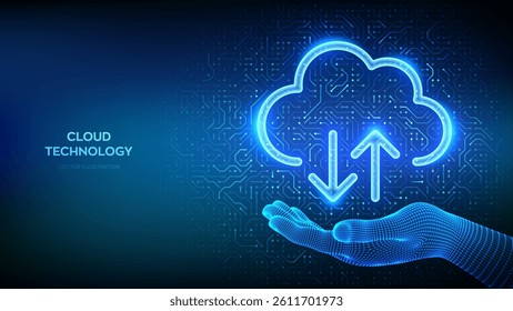 Cloud computing service. Cloud icon in wireframe hand. Secure Cloud Storage. Database storage, Data center. Upload download app. Circuit board pattern. PCB printed circuit texture. Vector illustration