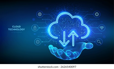 Cloud computing service. Cloud icon in wireframe hand. Secure Cloud Storage. Database storage, Data center. Upload download app. Circuit board pattern. PCB printed circuit texture. Vector illustration
