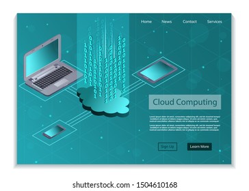 Cloud computing service isometric landing page with laptop, smartphone and tablet. Vector illustration.