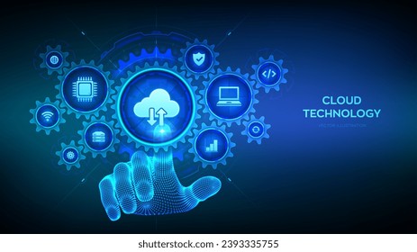 Cloud-Computing-Service. Cloud Storage Connection High-Tech-Konzept. Geschäftsprozesse im Bereich Cloud-Technologie. Wireframe Hand, die digitale Schnittstelle mit verbundenen Zahnräder Cogs, Symbole berührt. Vektorgrafik.