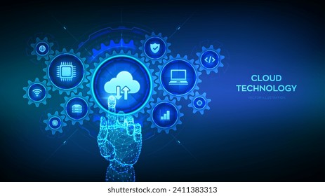 Cloud-Computing-Service. Cloud Storage Connection High-Tech-Konzept. Geschäftsprozesse im Bereich Cloud-Technologie. Wireframe Hand, die digitale Schnittstelle mit verbundenen Zahnräder Cogs, Symbole berührt. Vektorgrafik.