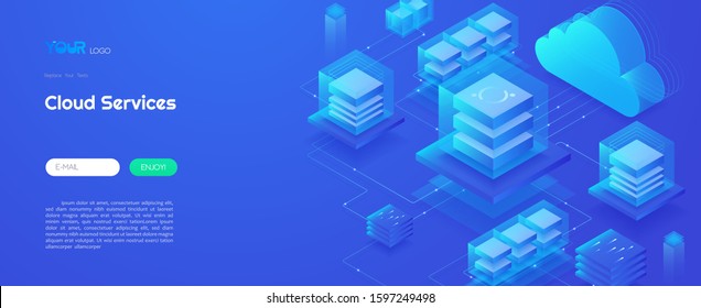 Cloud computing service technology, cloud data center and big data analysis technology concept. Web template isometric vector illustration