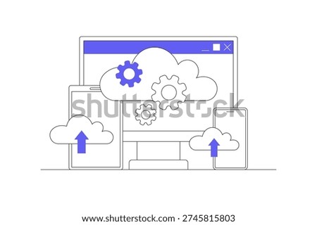 Cloud computing. Cloud computing service and technology file upload backup on cloud server storage. Flat Cartoon Vector Illustration, icon Stylish abstract design landing page web