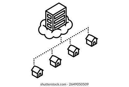 Cloud computing and cloud service usage isometric line icon with connected user and cloud infrastructure, black and white, Vector Illustration