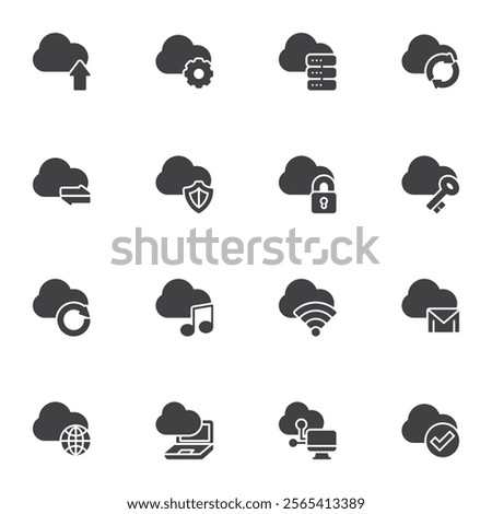 Cloud computing service vector icons set, modern solid symbol collection, filled style pictogram pack. Signs, logo illustration. Set includes icons as data transfer, cloud storage, data server