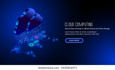 Cloud computing service with a world map concept. Secure data exchange on worldwide web-based cloud technology. Cloud technology vector illustration.