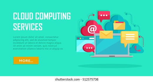 Cloud computing services banner. Networking communication and data icons near laptop. Data protection, global storage service and online cloud storage, security and privacy, online communication
