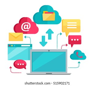 Cloud computing services banner. Networking communication and data icons near laptop. Data protection, global storage service and online cloud storage, security and privacy, online communication