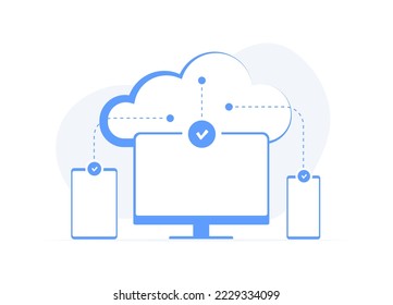 Concepto de Cloud Computing Services. Solución de almacenamiento de datos en línea: servidor en la nube conectado a múltiples gadgets, equipos informáticos y dispositivos digitales móviles. Ilustración vectorial delgada de diseño plano