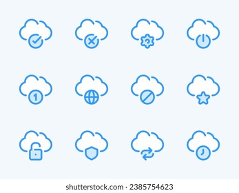 Cloud Computing Services and Configurations vector line icons. Online Storage Preferences outline icon set. Cloud Connection, Protection, Password, Access, Notification, Synchronization and more.
