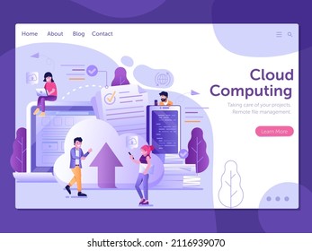 Cloud Computing Services And Data Storage Technology Website Banner. Web Hosting And Remote File Management Landing Page Illustration In Gradient Flat Design.