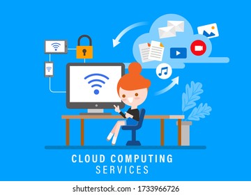 Cloud computing services, Online security concept illustration. Girl with computer in her workspace. Flat design style cartoon character and icons.