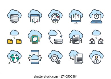 Cloud Computing and Cloud Services related color line icon set. Cloud Data and Server colorful linear icons. Cloud Technology flat color outline vector sign collection.