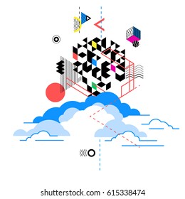 Cloud computing services, technology metaphor. Web design, marketing illustration concept.  Abstract background graphic design