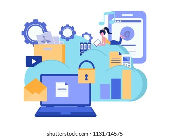 Cloud computing services and technology. Cloud storage. Data protection. Business concept. Vector illustration.