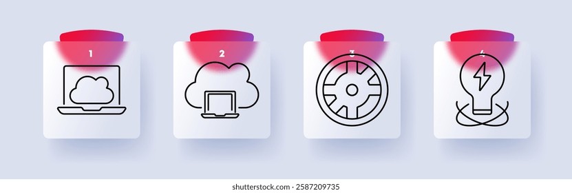 Cloud computing set icon. Laptop with cloud, cloud storage, gear settings, innovation, online data, internet, technology, digital solutions, IT infrastructure.