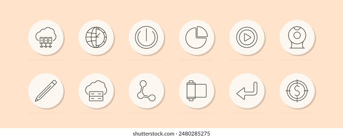 Cloud computing set icon. Server, globe, power button, pie chart, play button, webcam, pencil, data, network, film reel, dollar target. Technology digital concept. Vector line icon on peach background