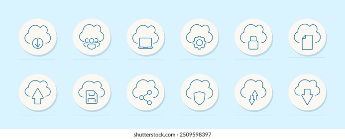 Icono de conjunto de computación en la nube. Cargar, Descarga, compartir, portátil, Configuraciones, seguridad, carpeta, sincronización, red, almacenamiento en la nube, datos, copia de seguridad, en línea, acceso, servidor, tecnología, Internet