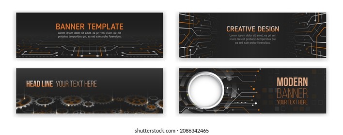 Cloud computing. Set of modern banner templates for websites. Abstract social media cover design. Web hosting. High tech design with technological elements. Science and digital technology concept.