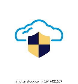 cloud computing with shield lineal color style vector illustration design