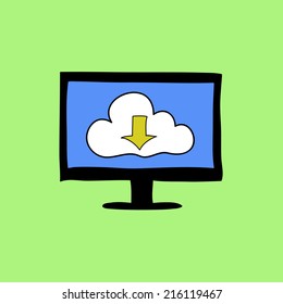 Cloud computing sign with arrow down in colorful doodle style